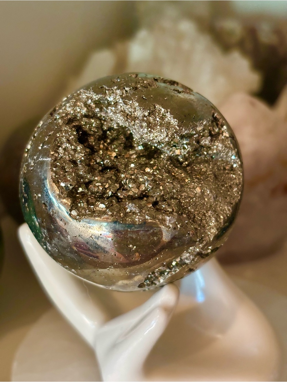 Natural Pyrite Sphere – Large Polished Crystal Ball with Druzy Caves 405g